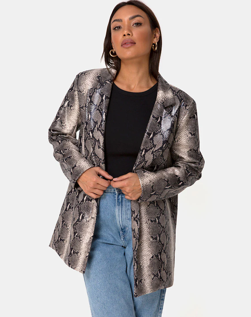 Verra Oversized Blazer in PU Beige Snake - Image 3
