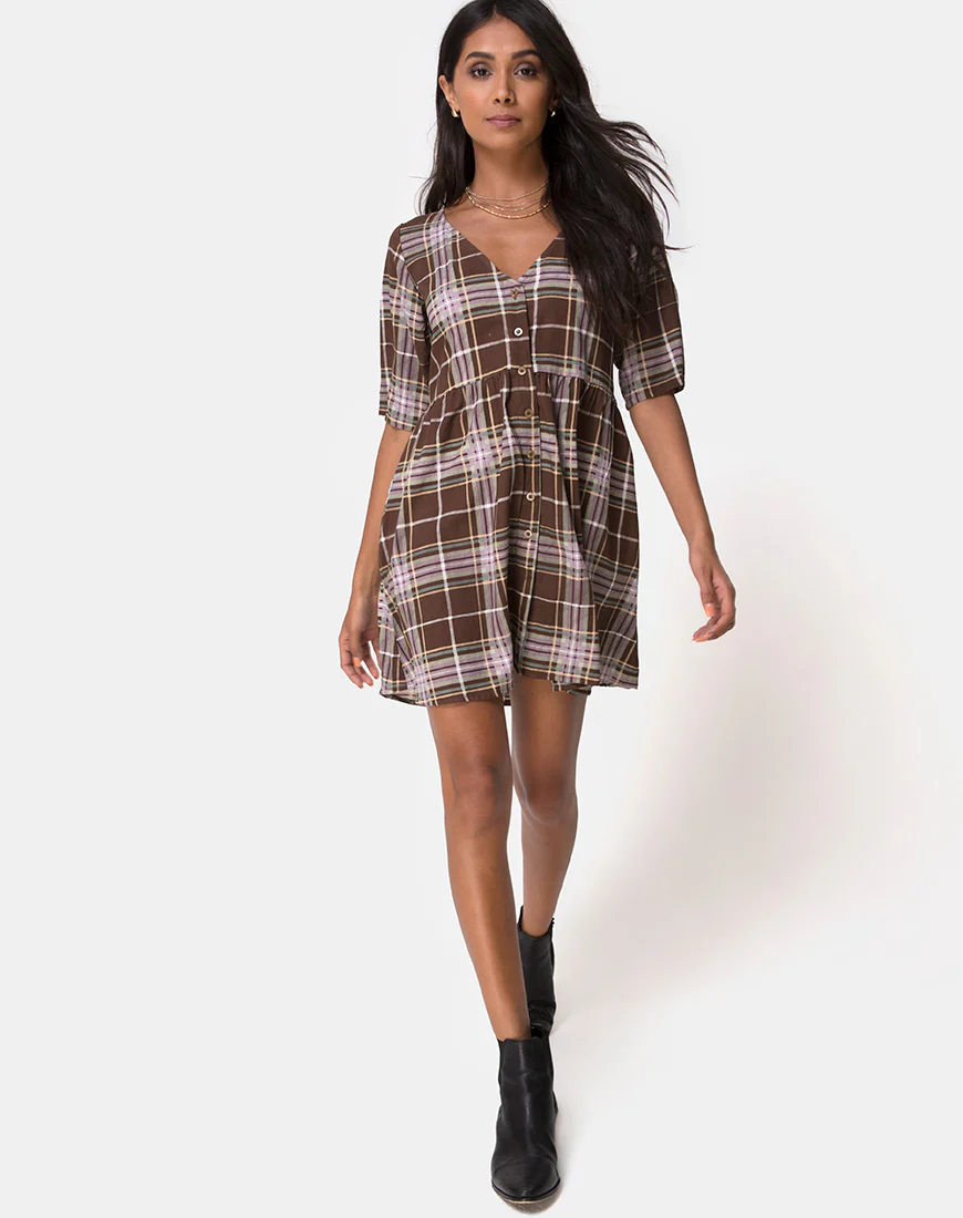 Verren Babydoll Dress in Tartan Brown - Image 3