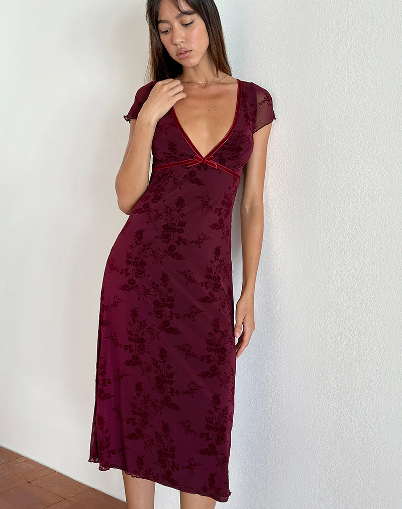 Vilinia Midi Dress in Botanical Flower Maroon - Image 2