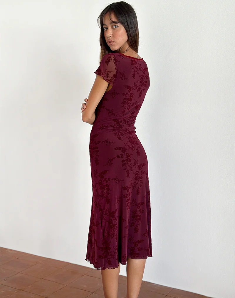 Vilinia Midi Dress in Botanical Flower Maroon - Image 3