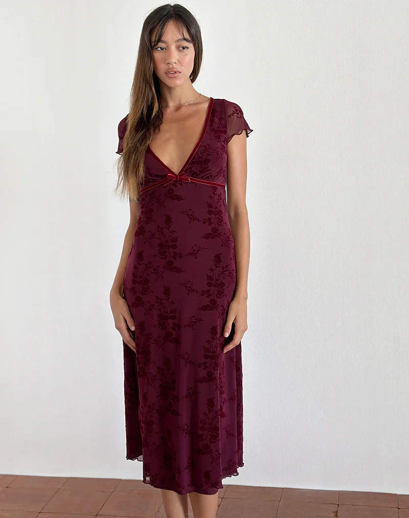 Vilinia Midi Dress in Botanical Flower Maroon - Image 5