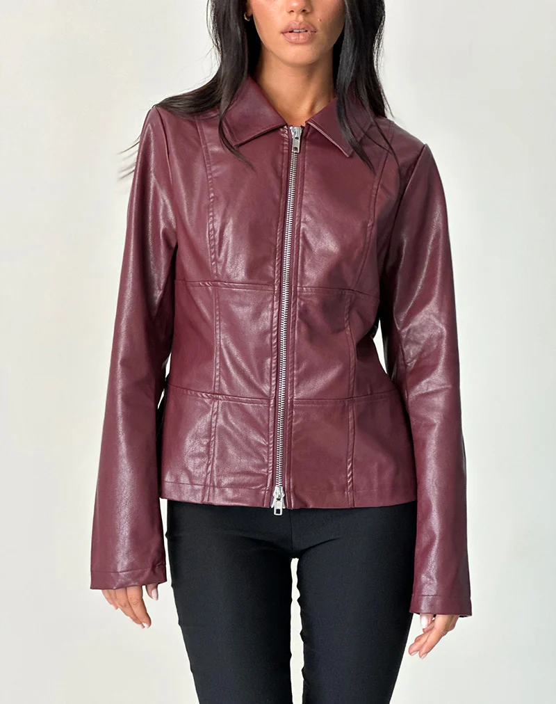 Vincent Fitted Jacket in PU Burgundy - Image 2
