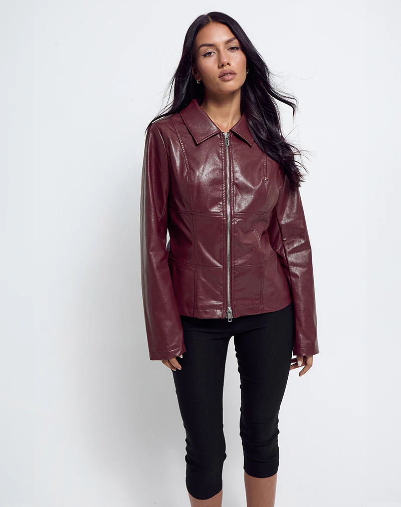 Vincent Fitted Jacket in PU Burgundy - Image 5