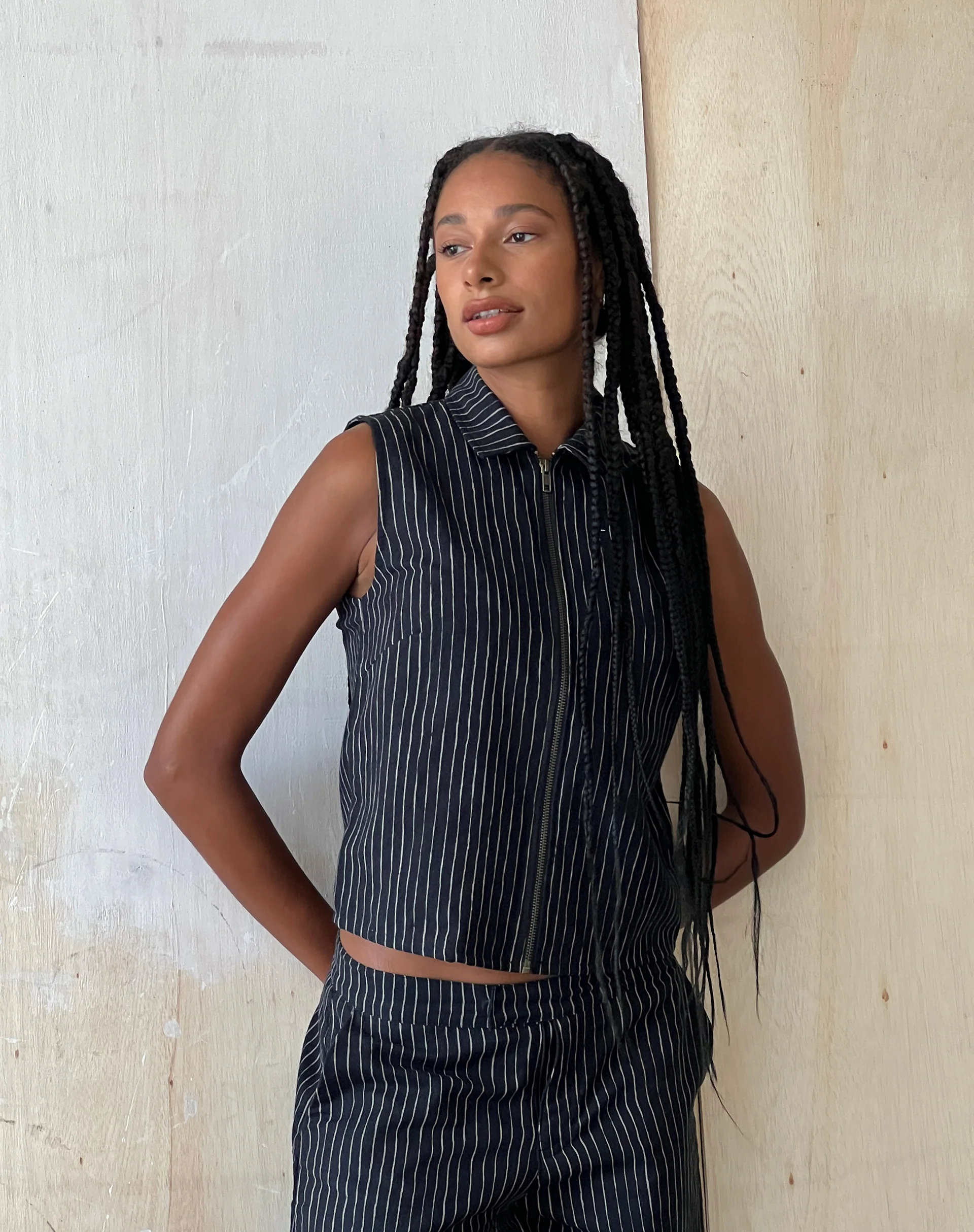 MOTEL X JACQUIE Virago Zip Up Sleeveless Jacket in Sketchy Stripe Black - Image 2