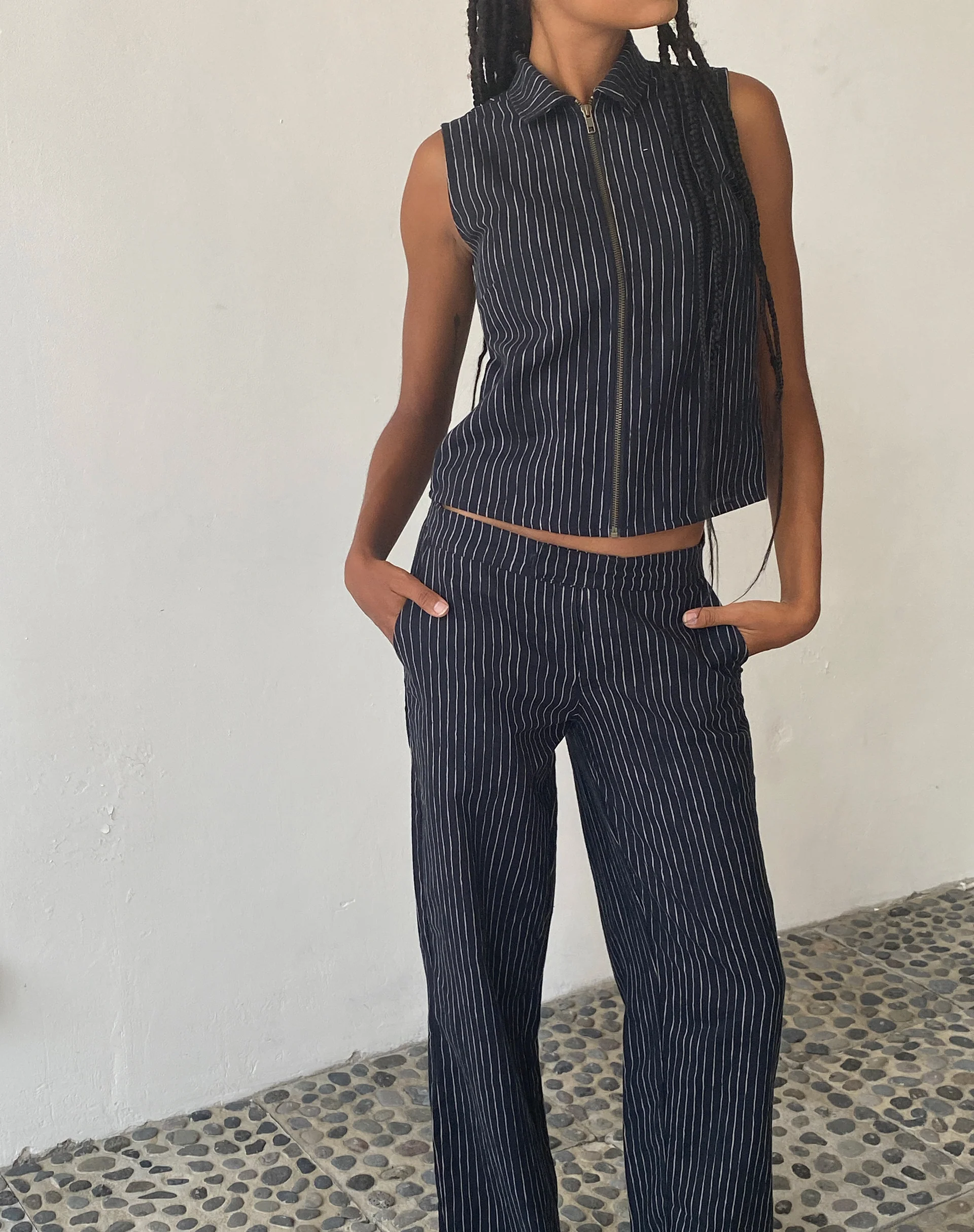 MOTEL X JACQUIE Virago Zip Up Sleeveless Jacket in Sketchy Stripe Black - Image 3