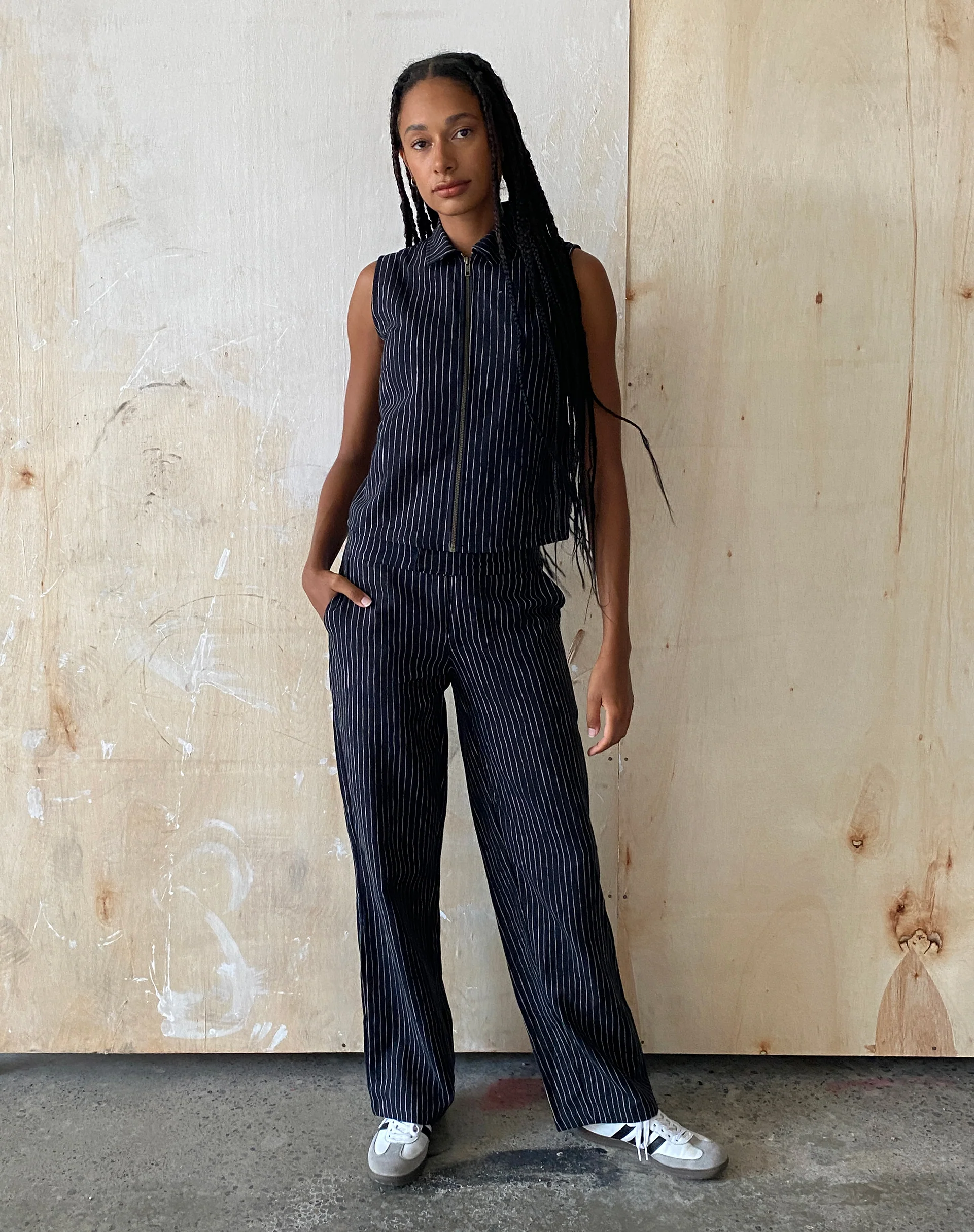 MOTEL X JACQUIE Virago Zip Up Sleeveless Jacket in Sketchy Stripe Black - Image 4