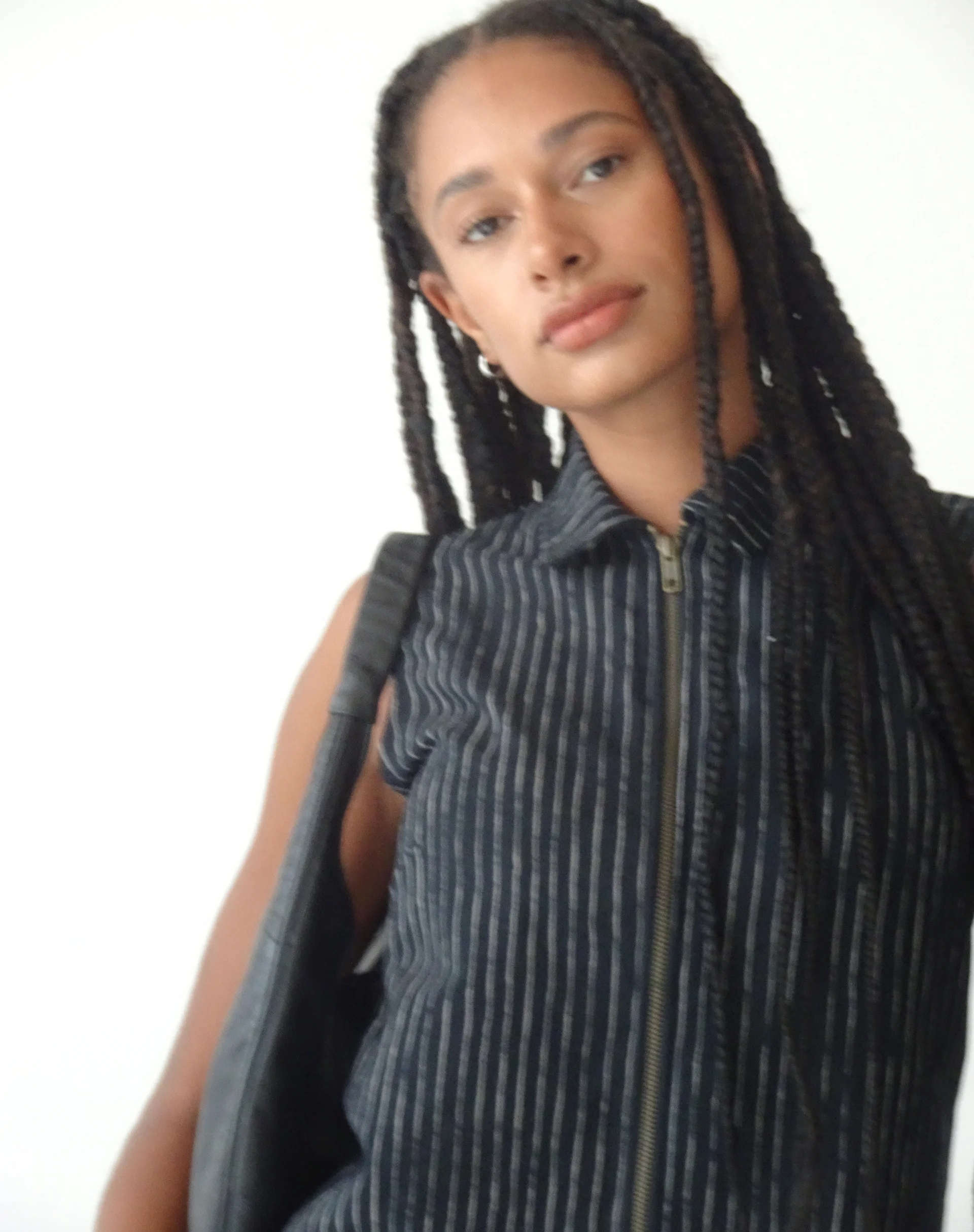 MOTEL X JACQUIE Virago Zip Up Sleeveless Jacket in Sketchy Stripe Black - Image 5
