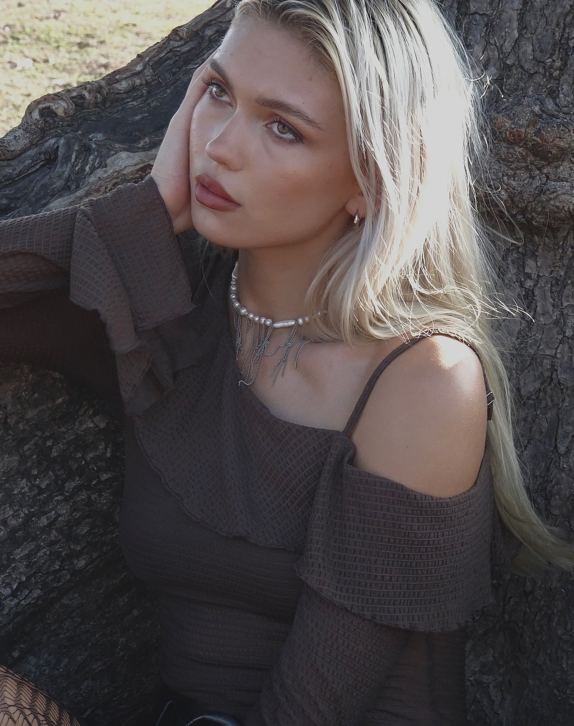 Viserra Asymmetric Long Sleeve Top in Bubble Mesh Brown - Image 3