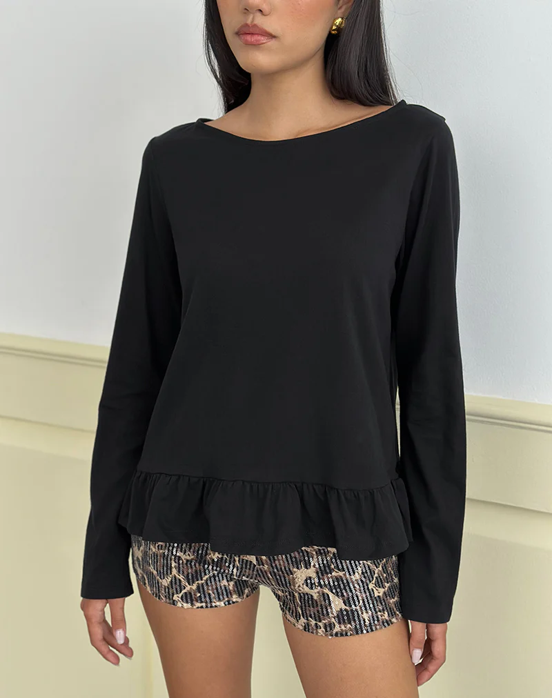 Vivala Boxy Long Sleeve Top in Black with Frill Hem - Image 2