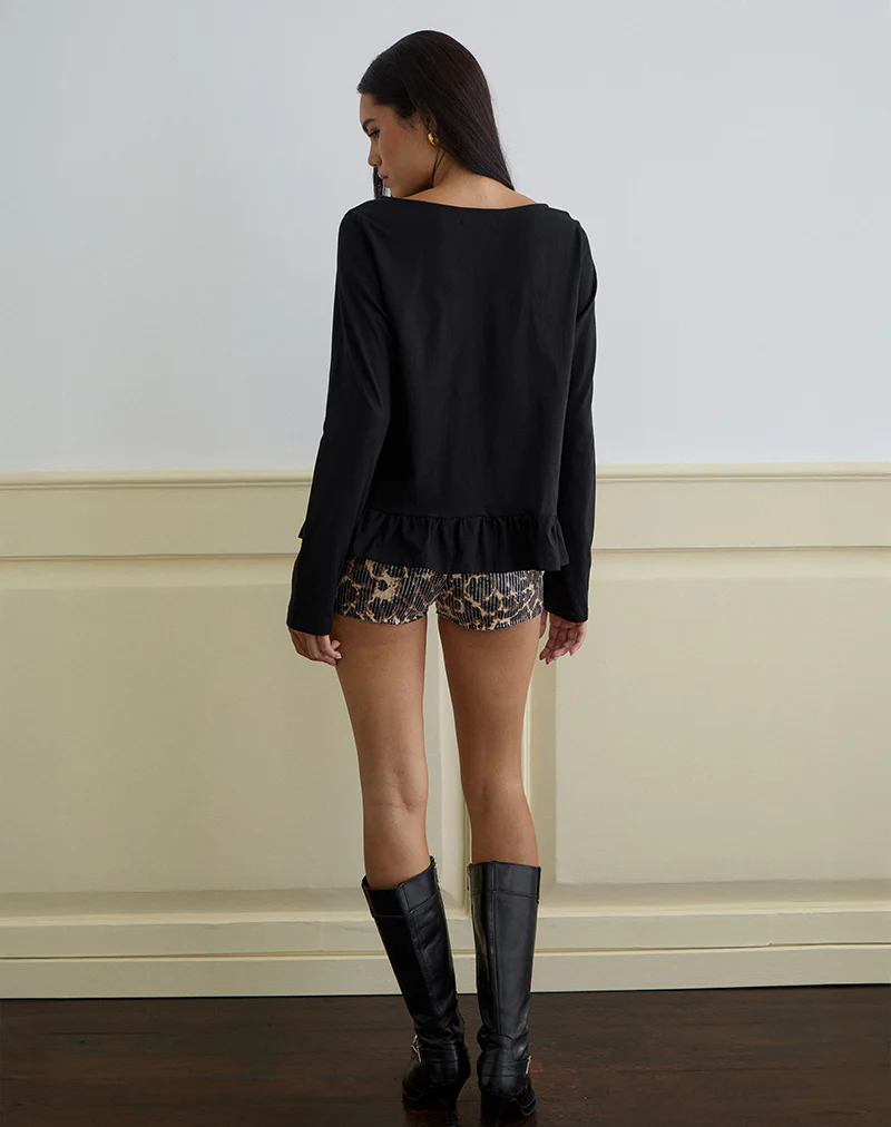 Vivala Boxy Long Sleeve Top in Black with Frill Hem - Image 4
