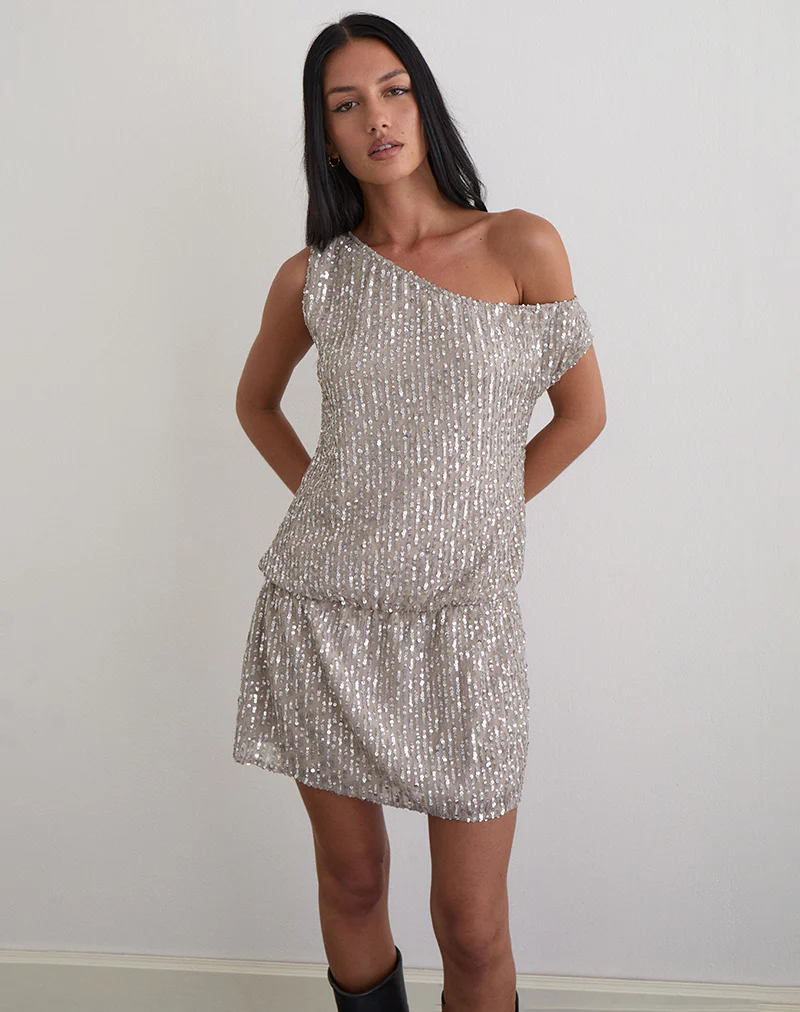 Vora One Shoulder Mini Dress in Sequin Nude - Image 5