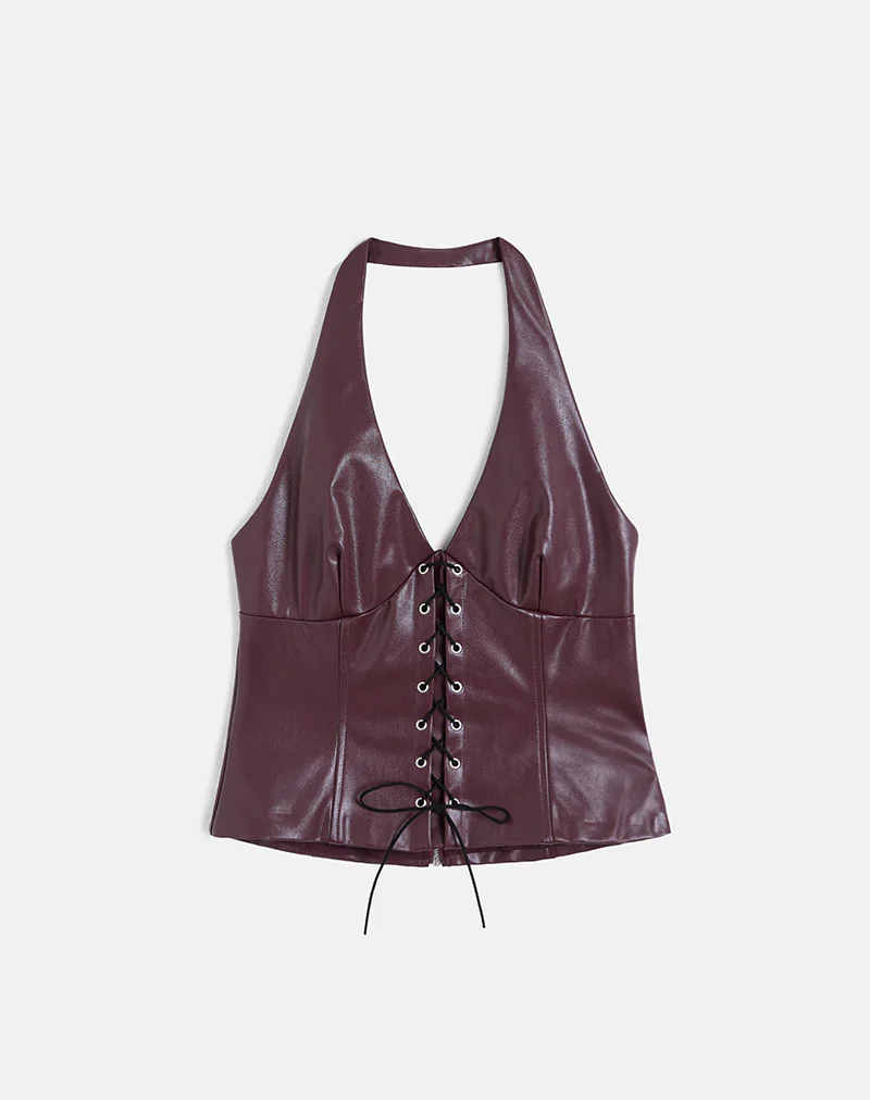 Wahya Lace Up Halter Top in PU Plum - Image 4