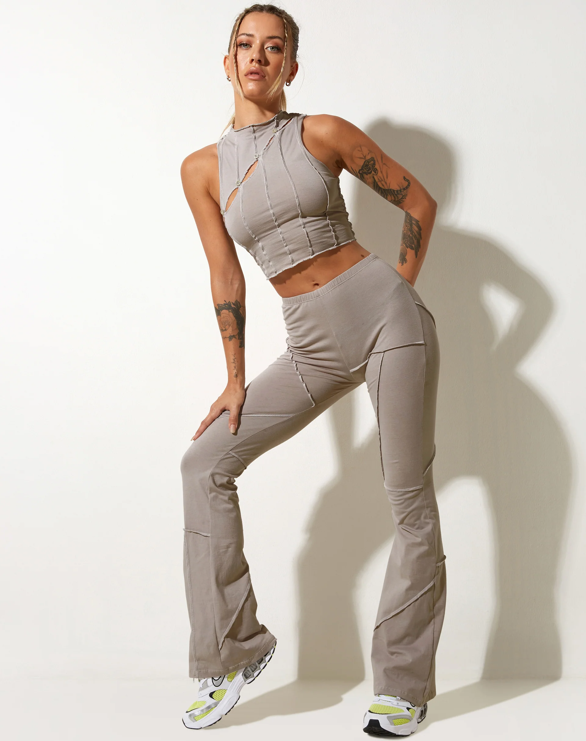 Walker Flared Trouser in Lycra Oat Milk - Image 3