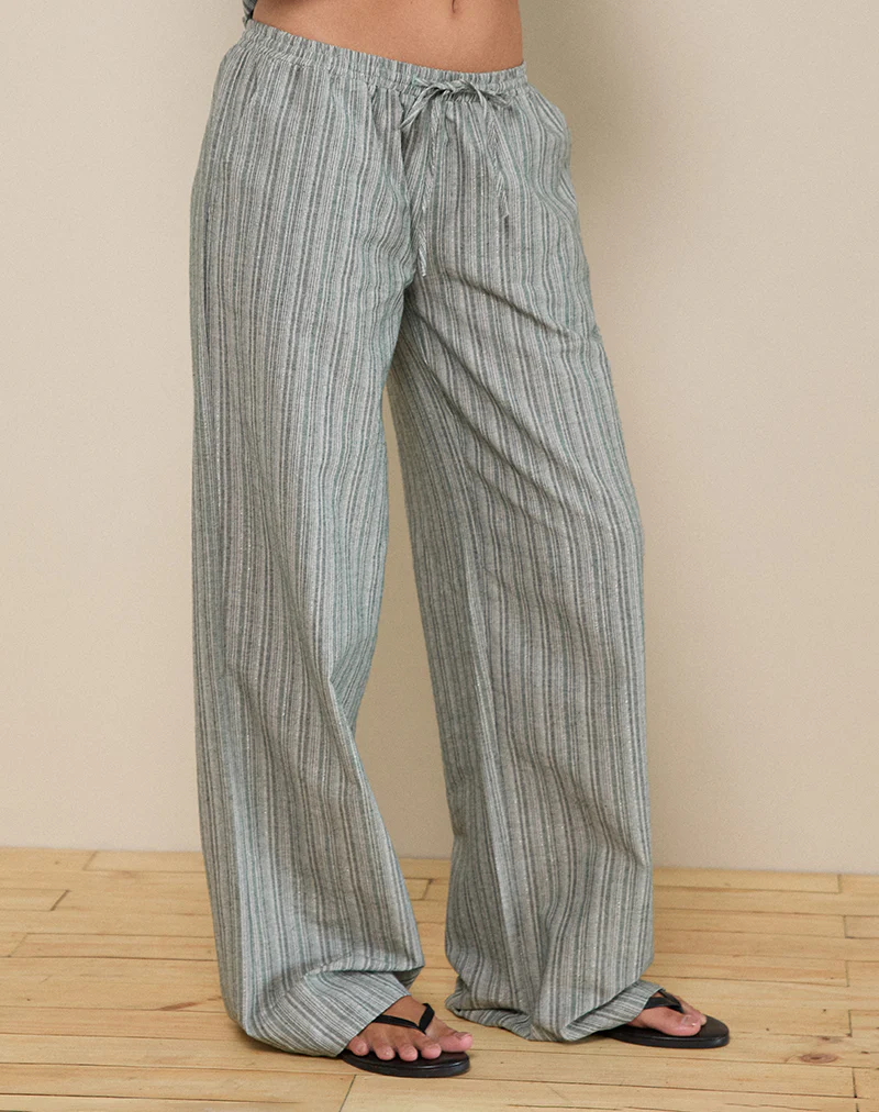 Wasic Wide Leg Trouser in Green and White Stripe - Image 2