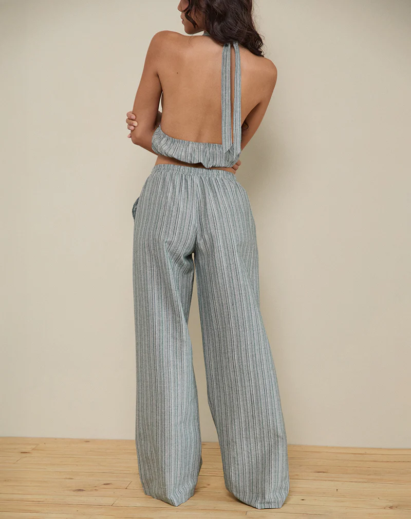 Wasic Wide Leg Trouser in Green and White Stripe - Image 3