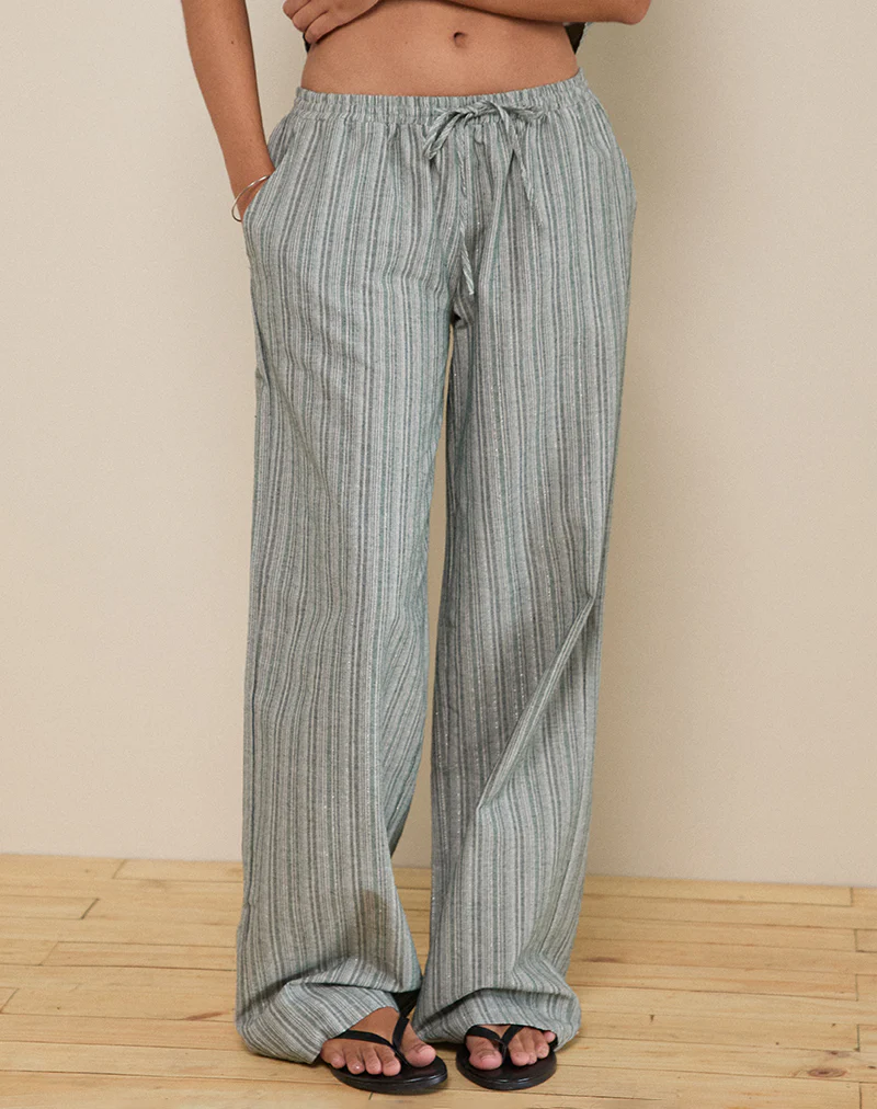Wasic Wide Leg Trouser in Green and White Stripe - Image 4
