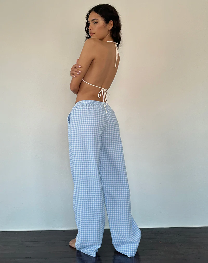 Wasic Wide Leg Linen Trouser in Blue Gingham - Image 2