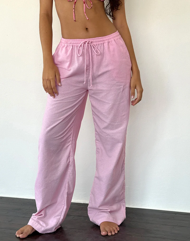 Wasic Wide Leg Linen Trouser in Flamingo Pink - Image 3