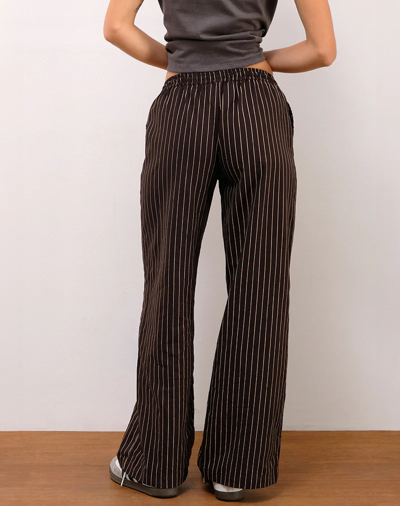 Wasic Wide Leg Linen Trousers in Deep Mahogany Pencil Stripe - Image 3