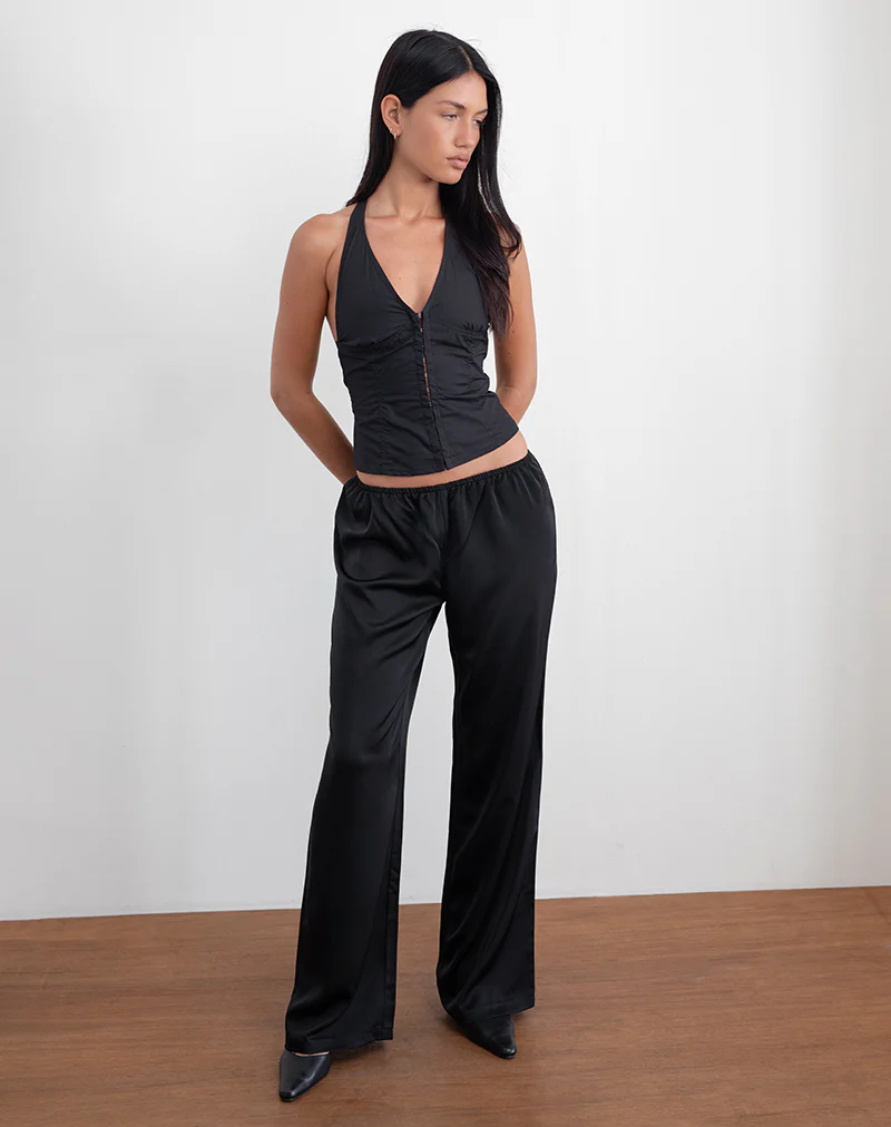 Waski Wide Leg Trouser in Satin Black - Image 3
