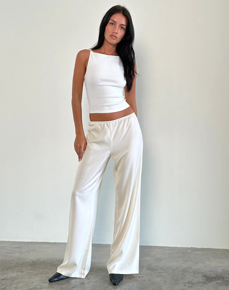 Waski Wide Leg Trouser in Satin Ivory - Image 3
