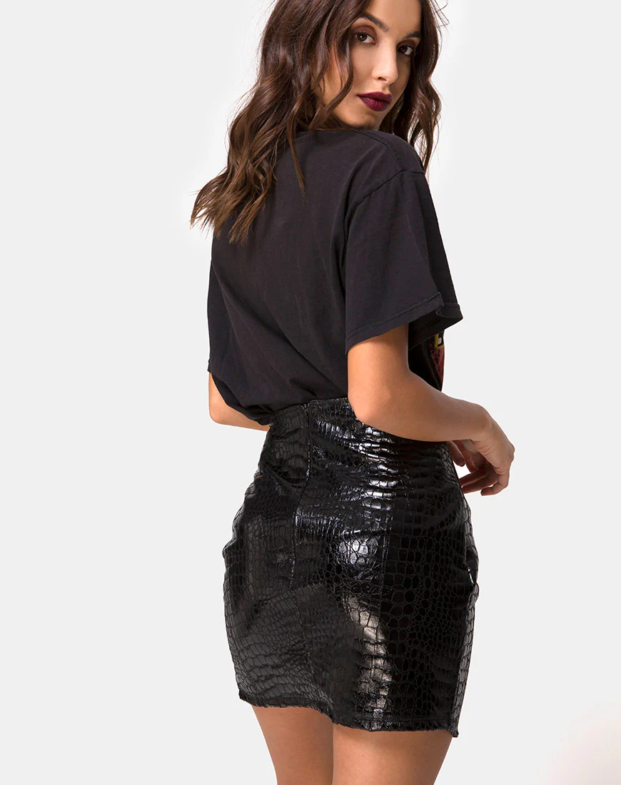 Wave Skirt in PU Croco Black - Image 2
