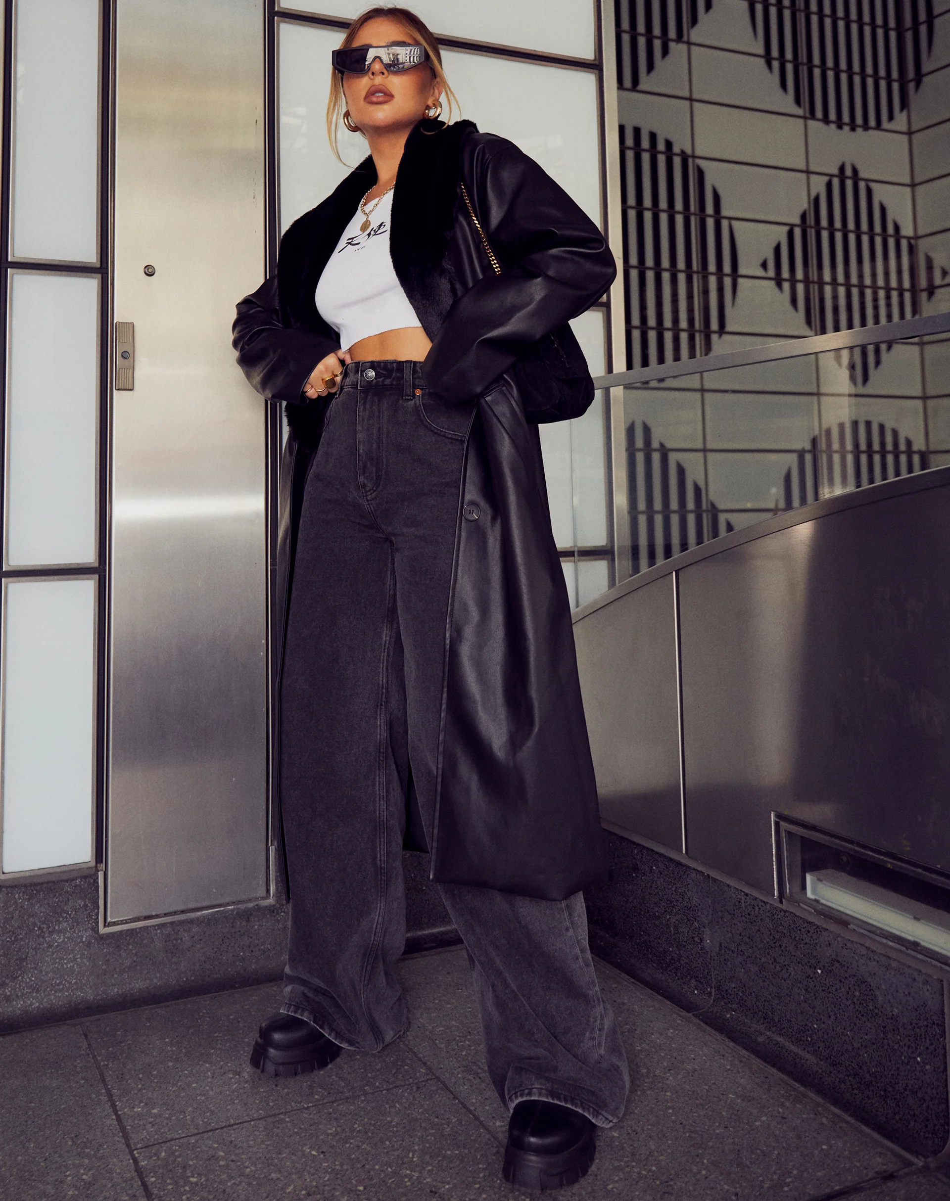 Weaver Longline Coat in Pu Black - Image 6