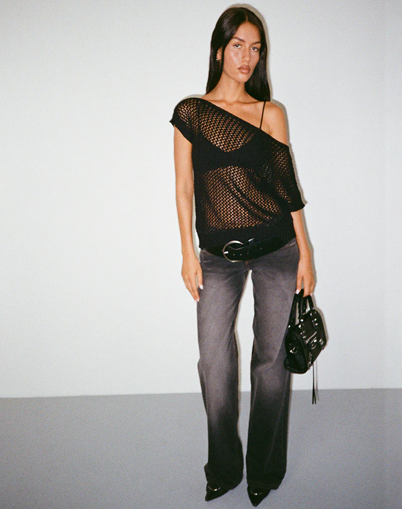 Weavora Slash Neck Top in Open Knit Black - Image 5