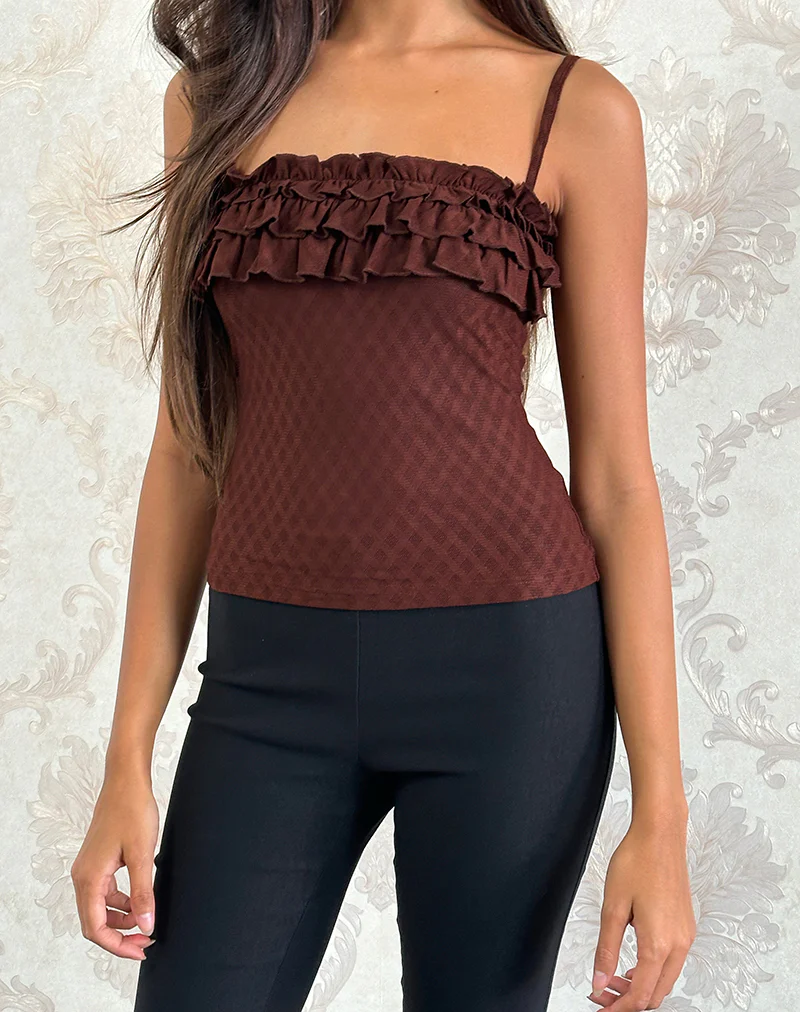 Wendy Ruffle Cami Top in Argyle Mesh Brown - Image 2