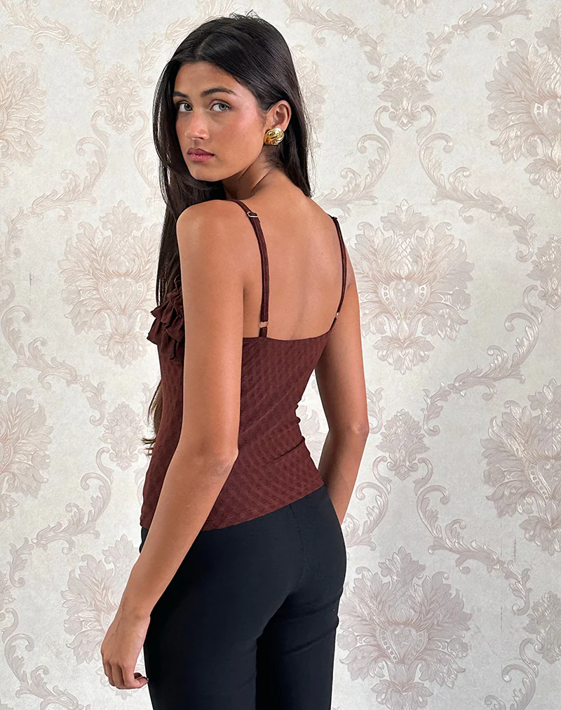 Wendy Ruffle Cami Top in Argyle Mesh Brown - Image 3