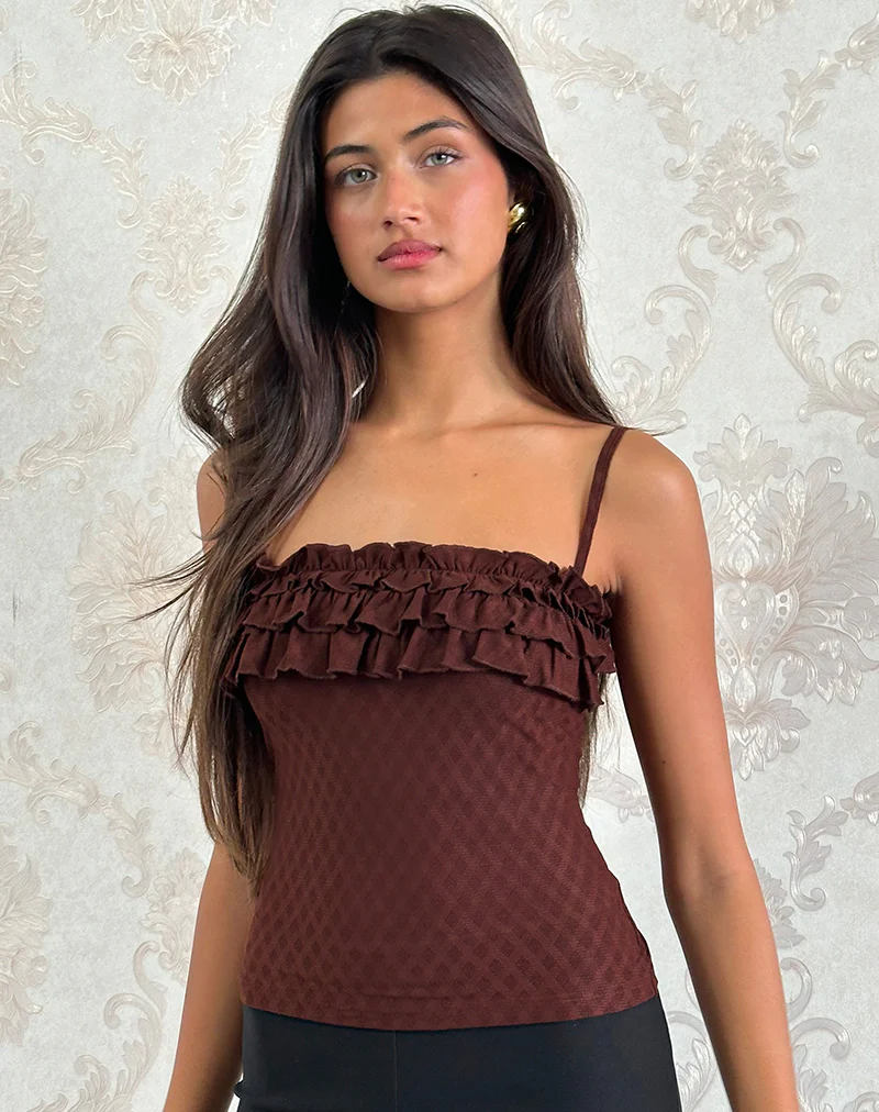 Wendy Ruffle Cami Top in Argyle Mesh Brown - Image 4