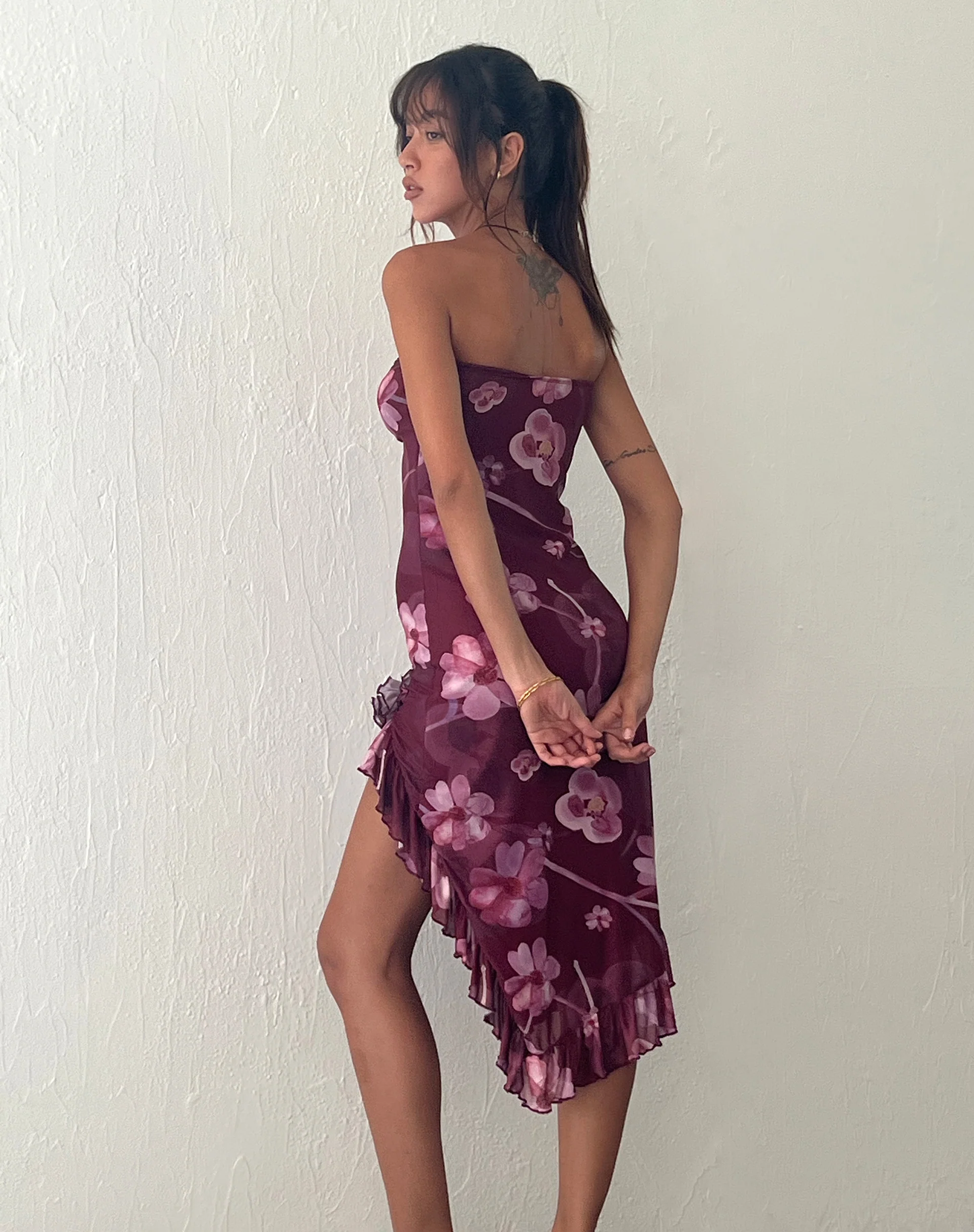 Weti Bandeau Mini Dress with Waterfall Hem in Watercolour Floral Berry - Image 3