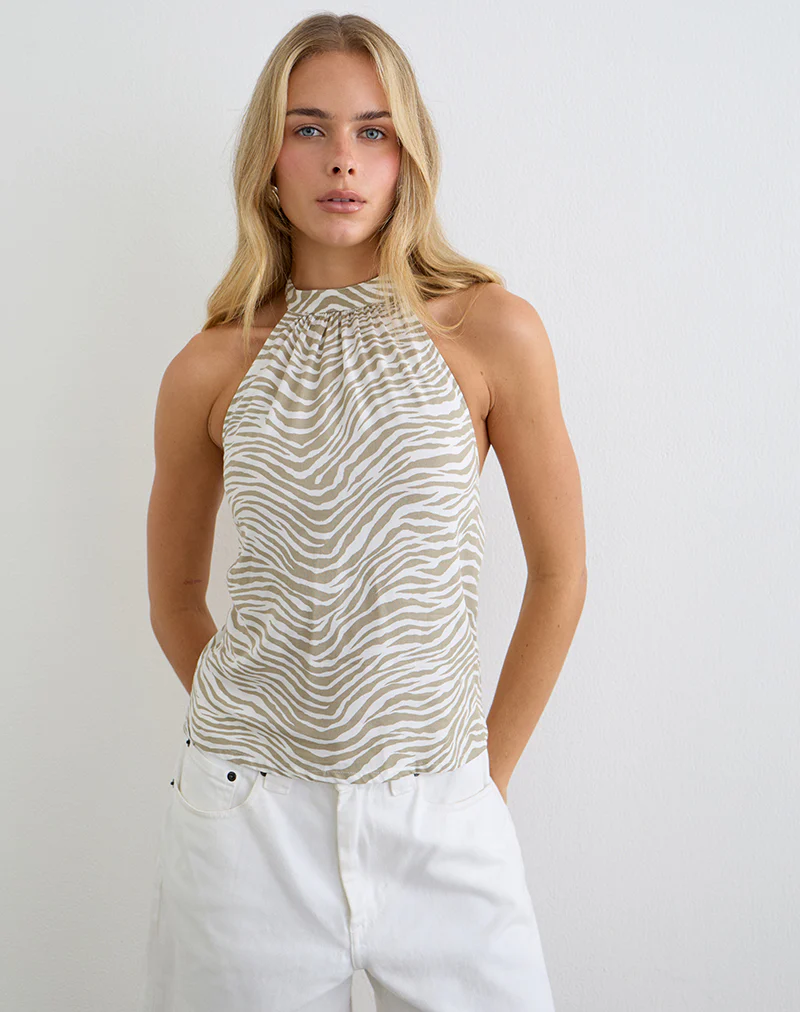 Wiby High Neck Backless Top in Tonal Zebra