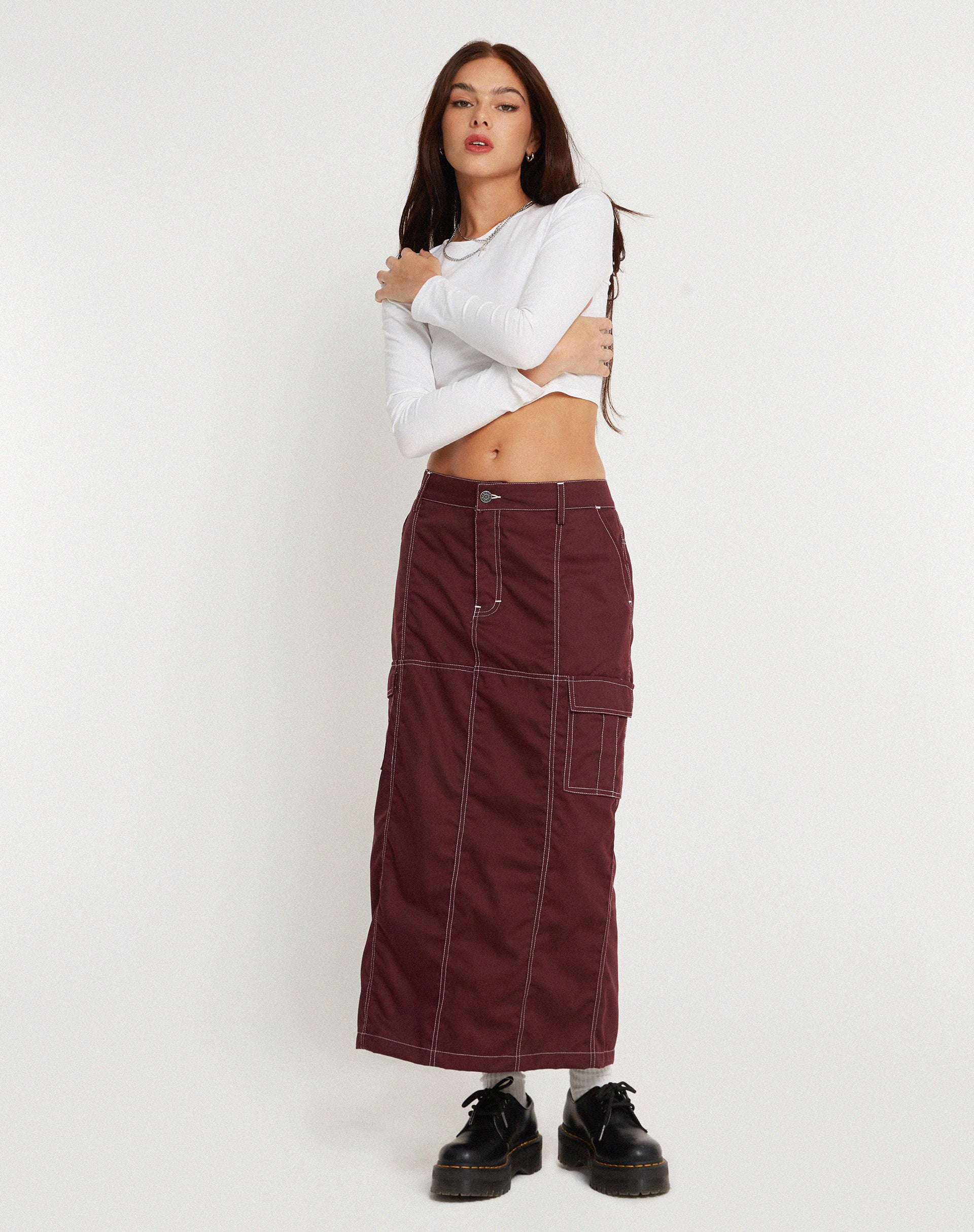 Widya Cargo Midi Skirt in Cotton Drill Redwood with White Top Stitch - Image 2