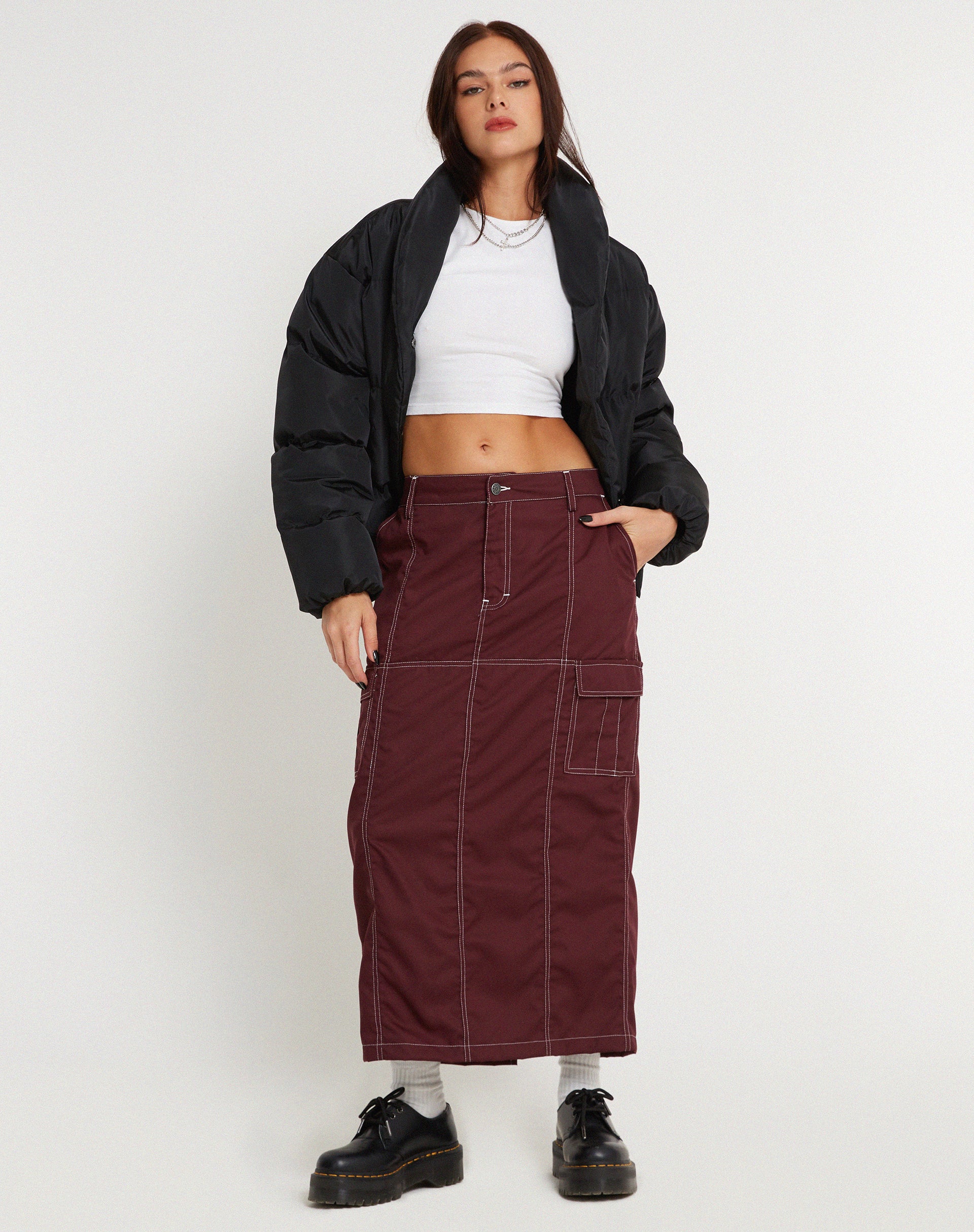 Widya Cargo Midi Skirt in Cotton Drill Redwood with White Top Stitch - Image 4
