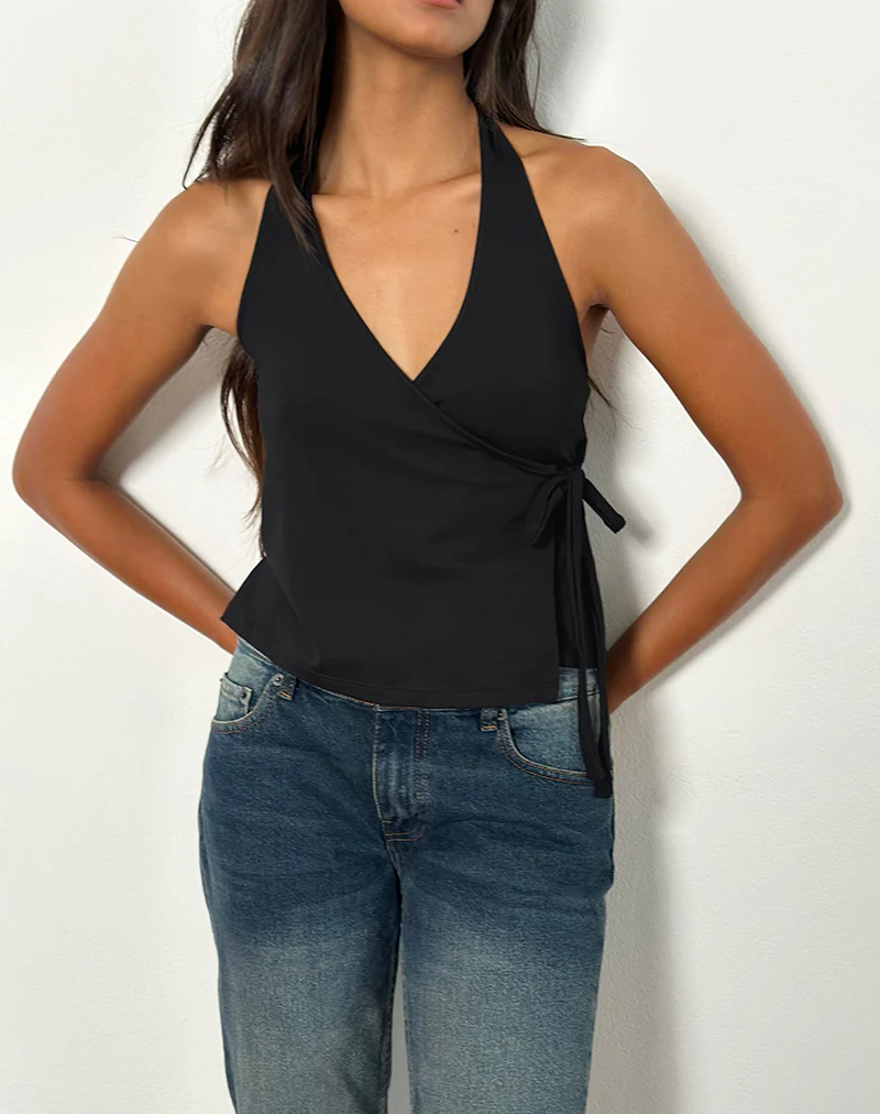 Wisty Halter Neck Wrap Top in Jersey Black - Image 5