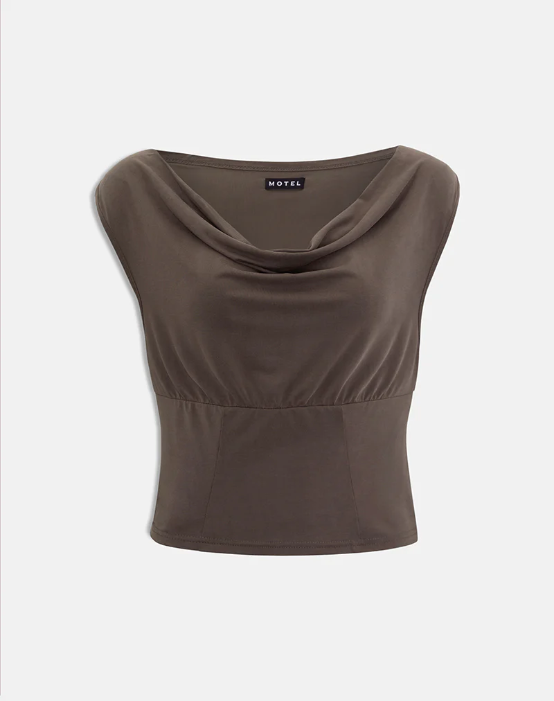 Wiyana Cowl Neck Top in Cupro Dark Brown - Image 6