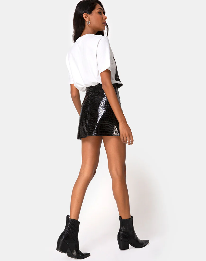 Wren Mini Skirt in PU Croco Black - Image 5