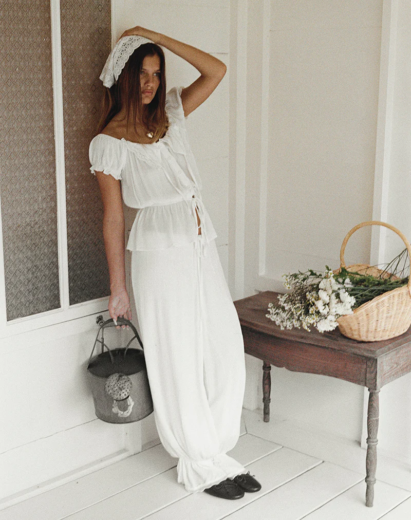 Wujala Bardot Tie Waist Top in Rayon White - Image 4