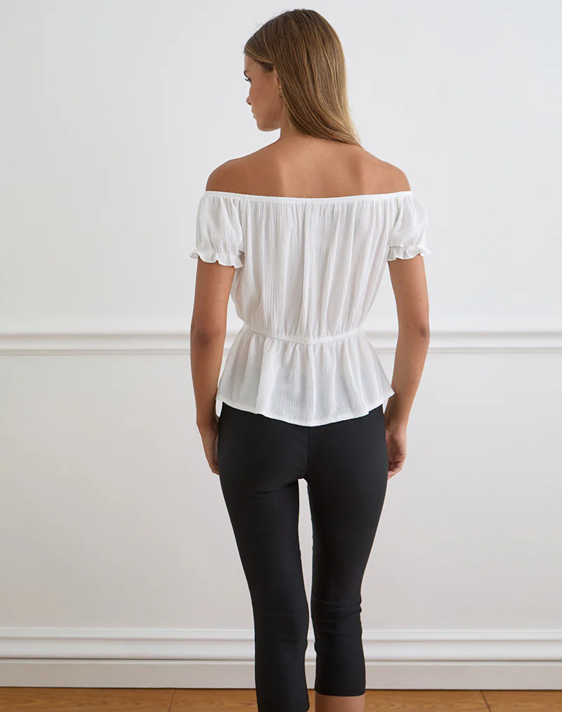 Wujala Bardot Tie Waist Top in Rayon White - Image 5