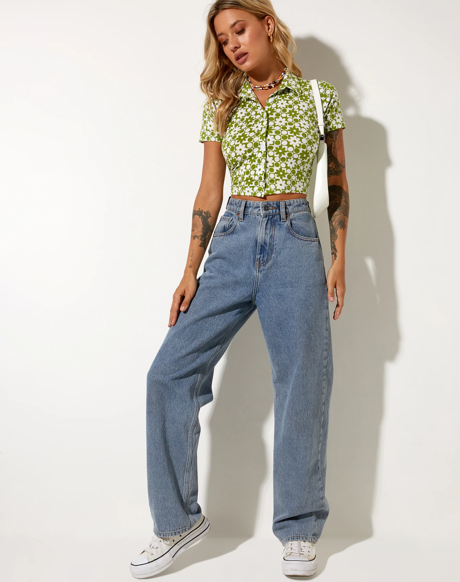 Wuma Cropped Shirt in Patchwork Daisy Green - Image 3