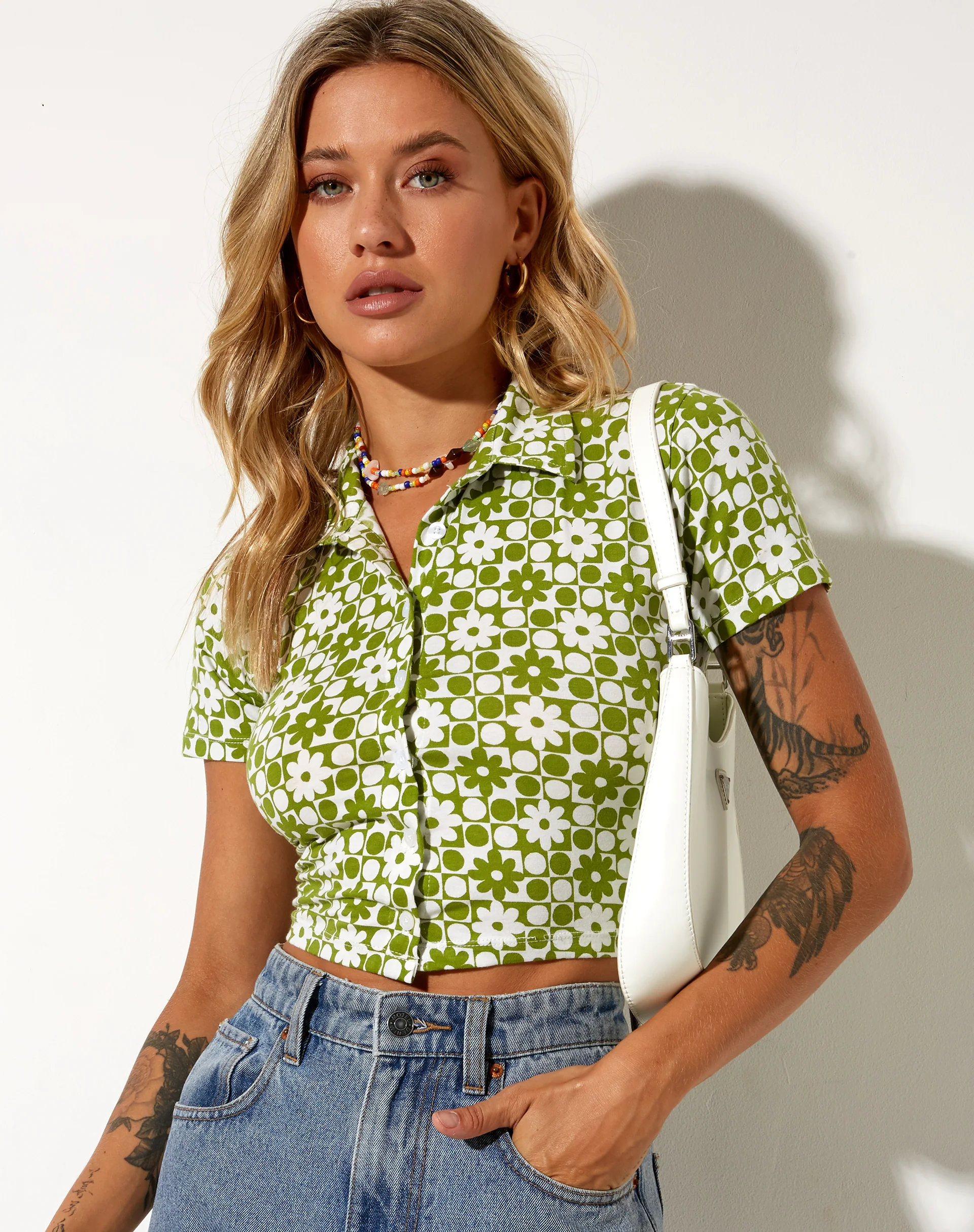 Wuma Cropped Shirt in Patchwork Daisy Green - Image 4