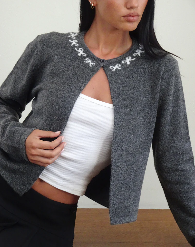 Wunara Cardigan in Grey with Ivory Bows - Image 2