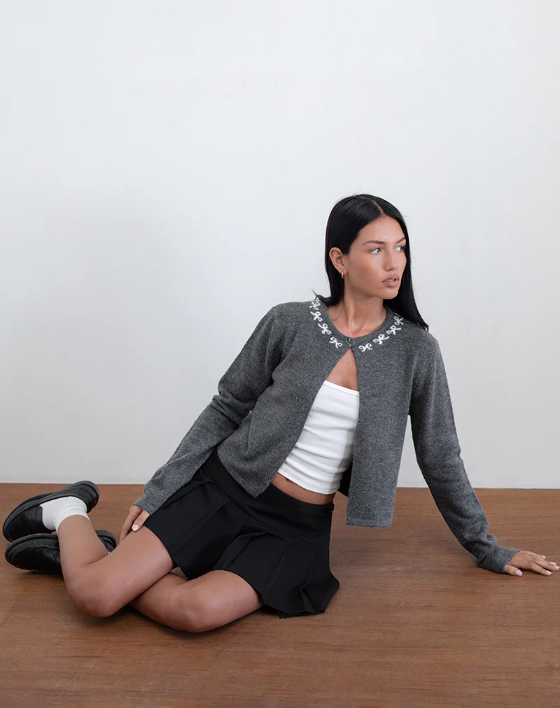 Wunara Cardigan in Grey with Ivory Bows - Image 5