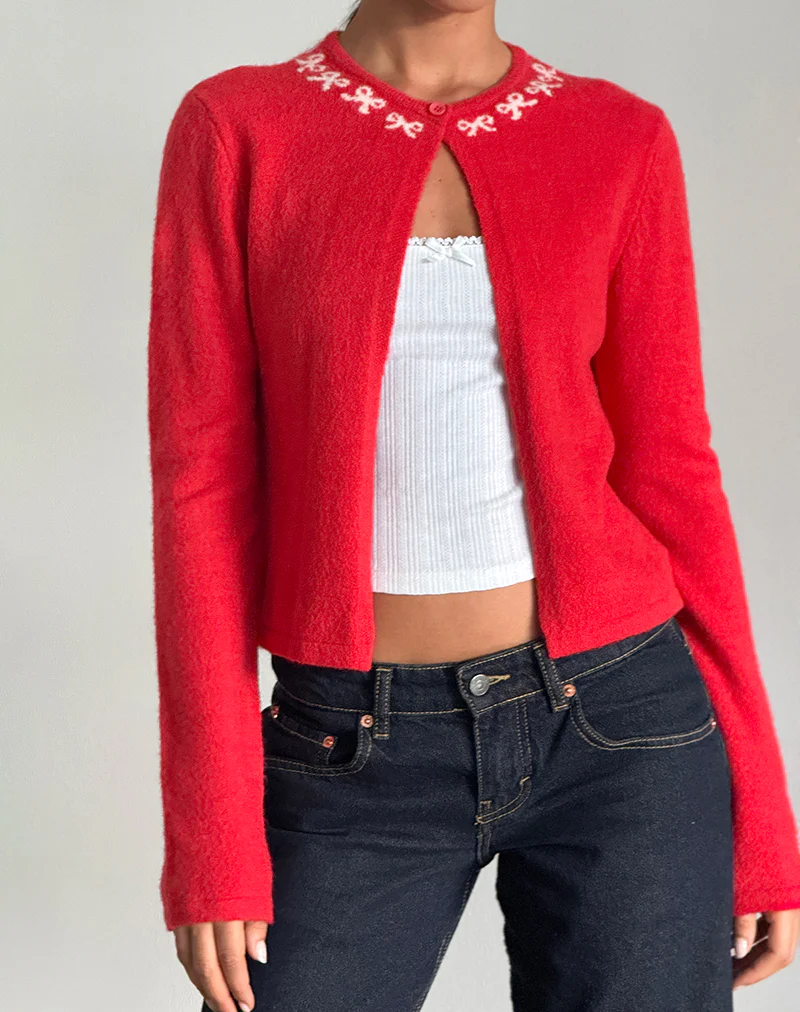 Wunara Cardigan in Red with Pink Bows - Image 2