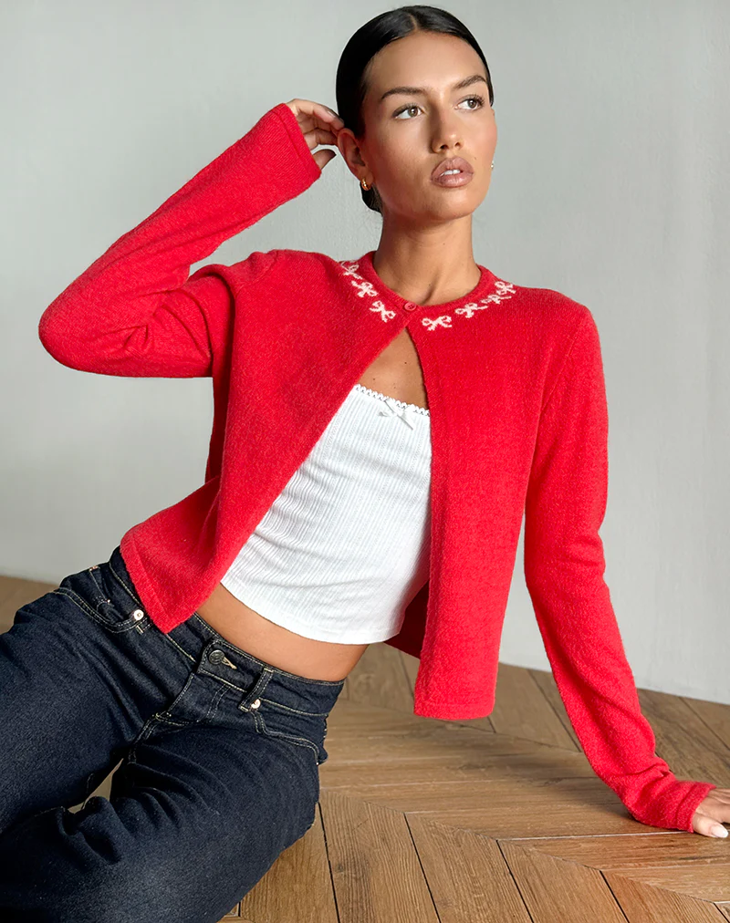 Wunara Cardigan in Red with Pink Bows - Image 3