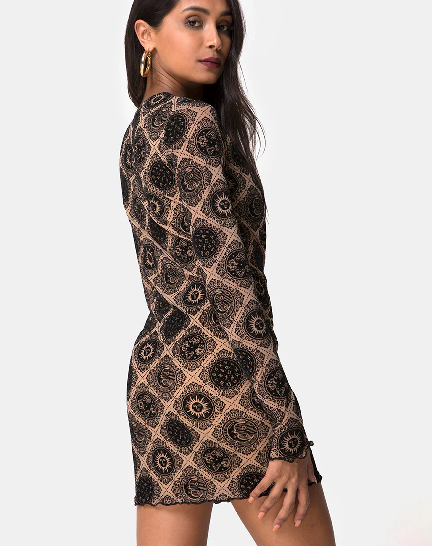 Wyanna Dress in Taupe Net with Black Sign Flock - Image 2