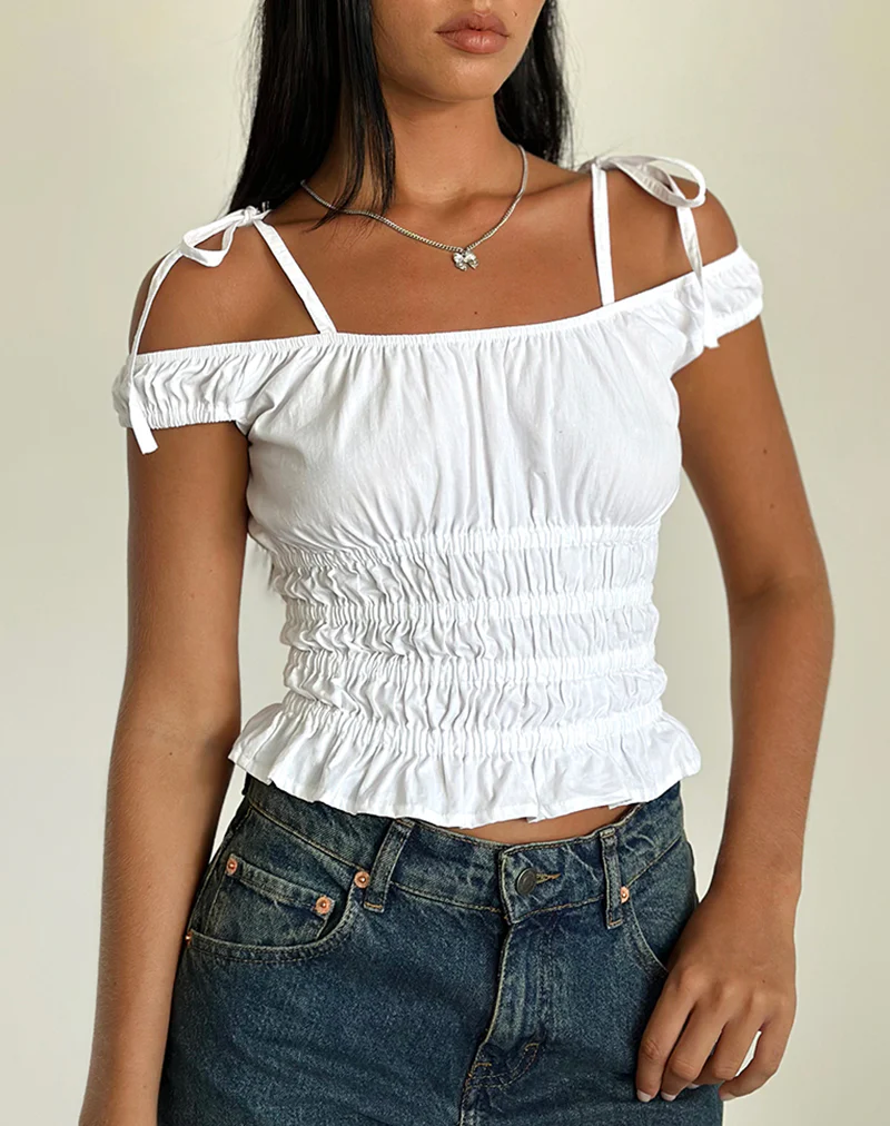 Xavan Bardot Tie Shoulder Top in White - Image 2