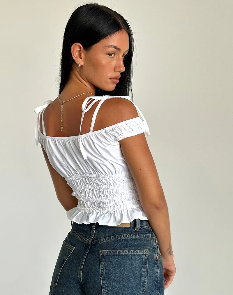 Xavan Bardot Tie Shoulder Top in White - Image 4