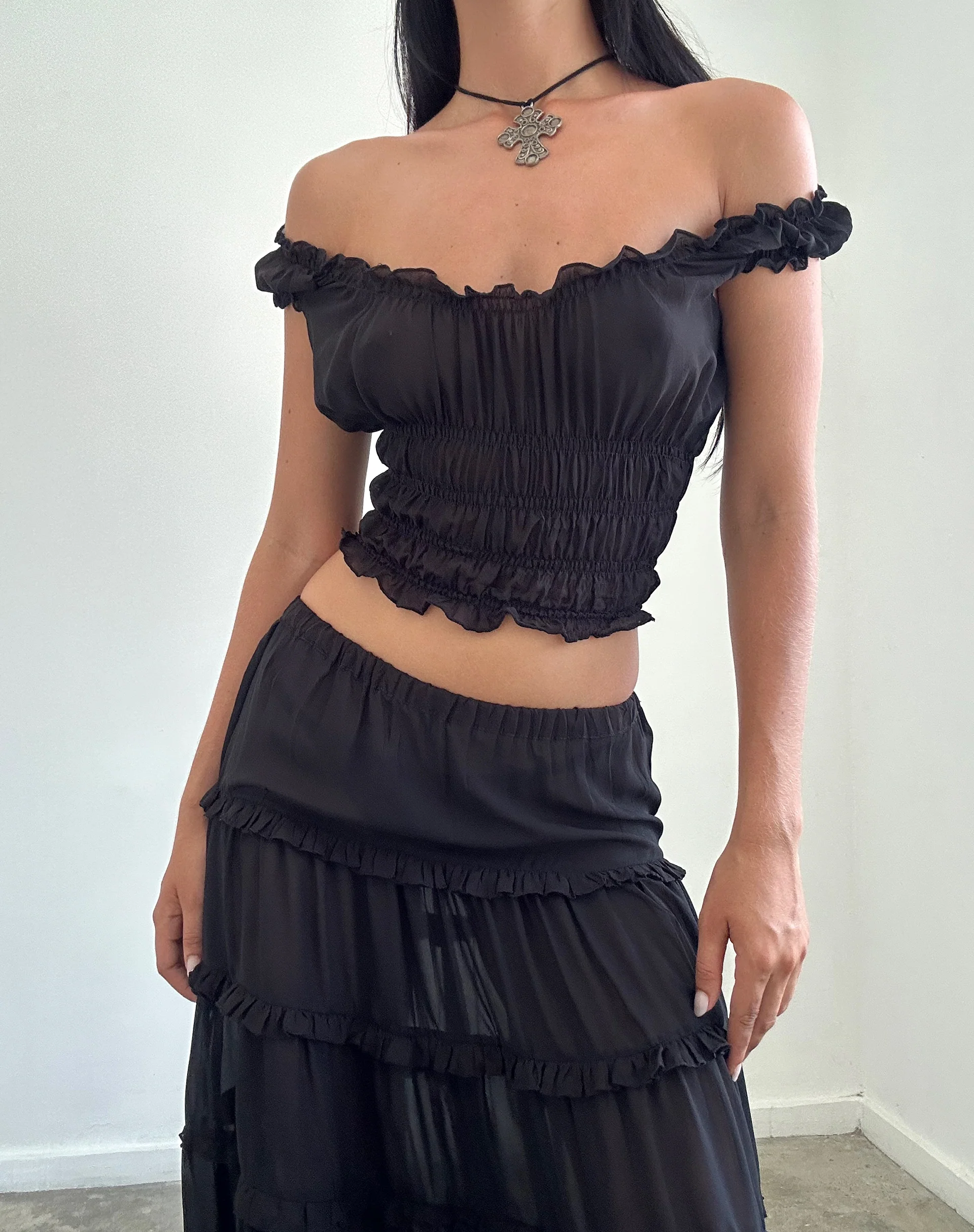 Xavi Shirred Bardot Top in Chiffon Black
